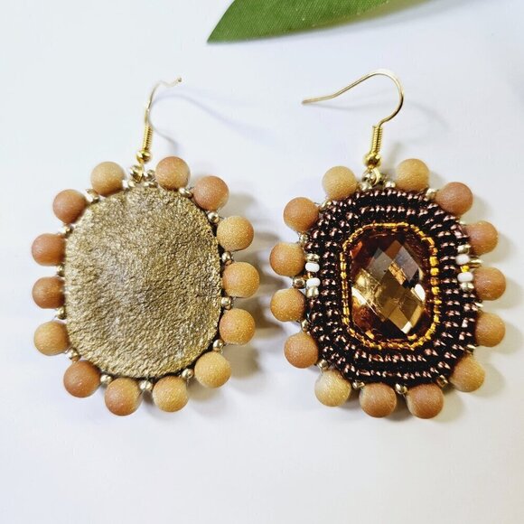 2/$27 | Orange and Bronze Shield Beaded Indigenous Hoop Earrings | Handmade - Picture 6 of 7
